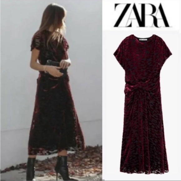 ZARA Velvet Burnout Draped Burgundy Midi Dress NWT - Picture 7 of 8